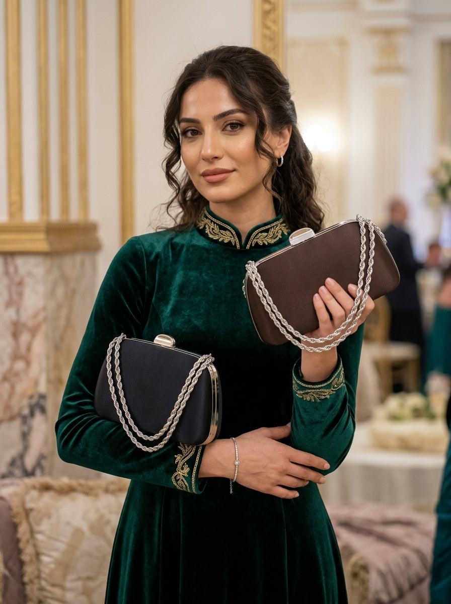 Black Satin Evening Bag with Chain Strap