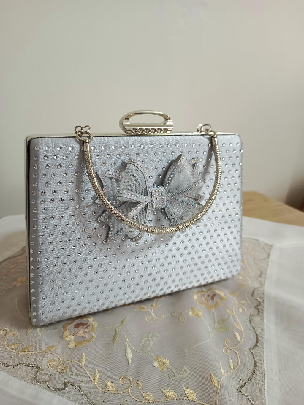 Silver Bow Embellished Evening Clutch