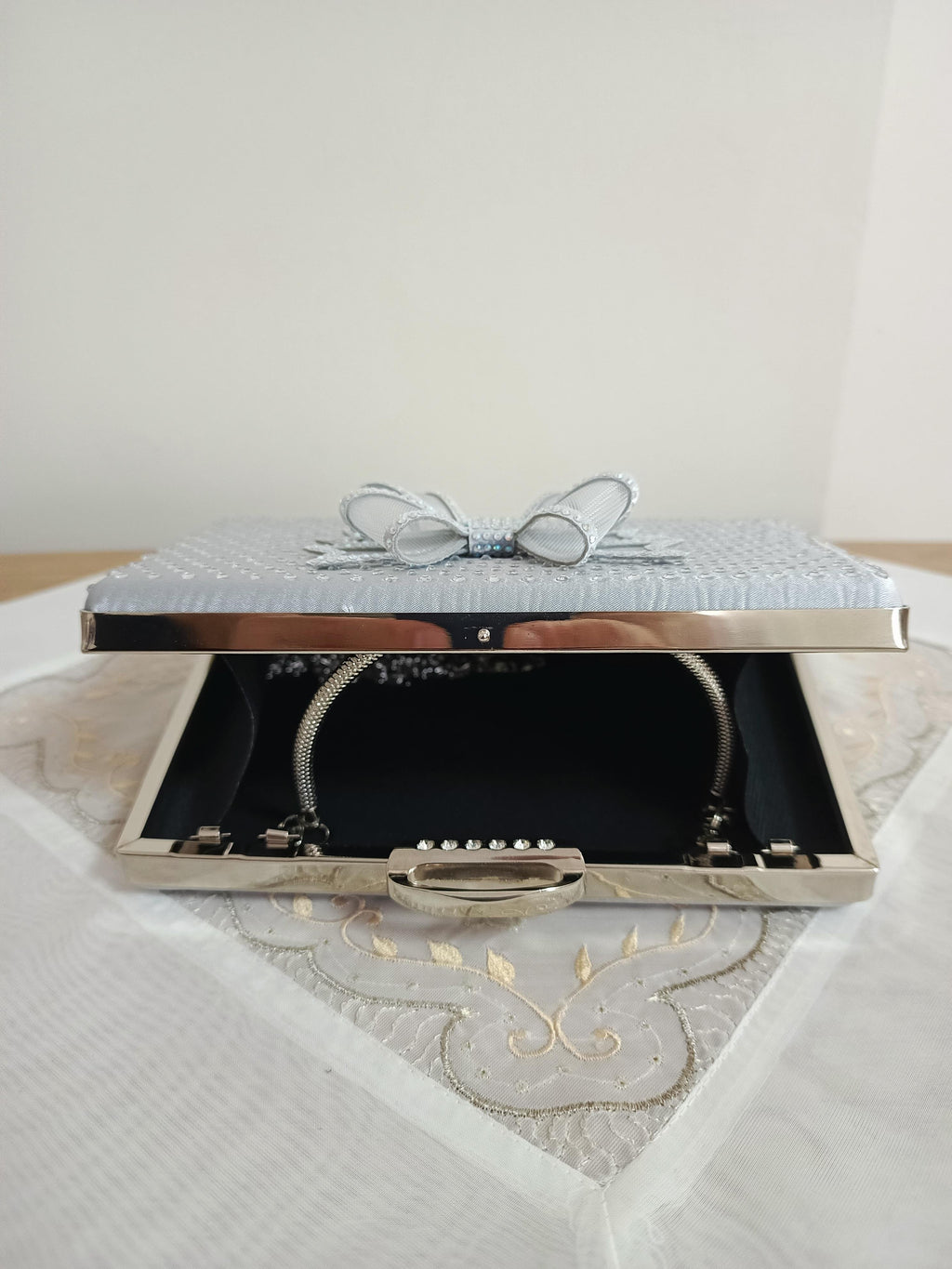 Silver Bow Embellished Evening Clutch
