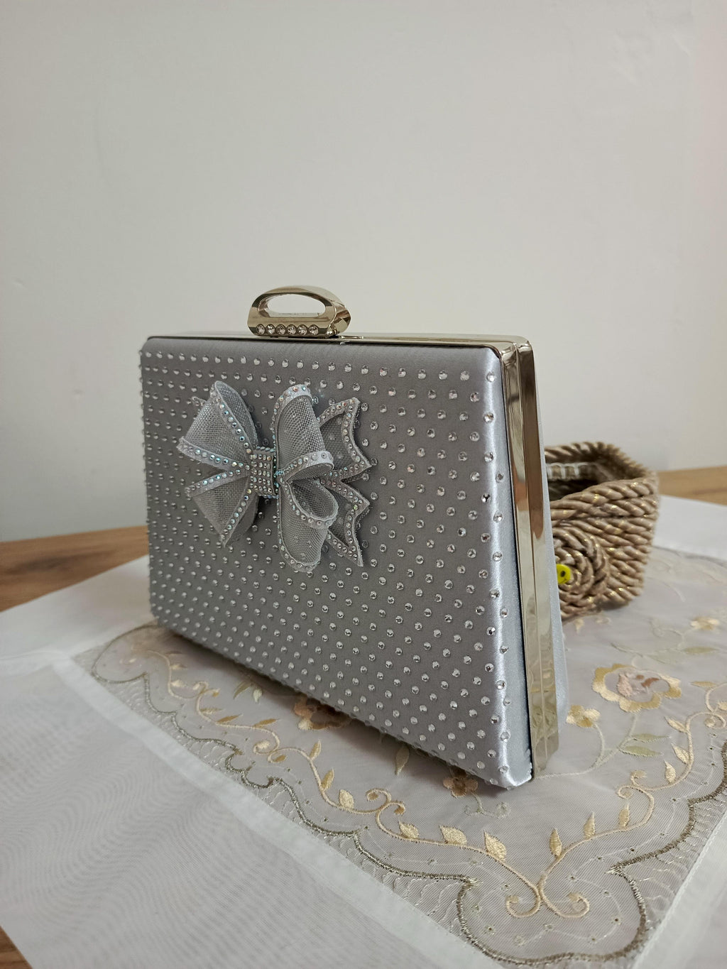 Silver Bow Embellished Evening Clutch
