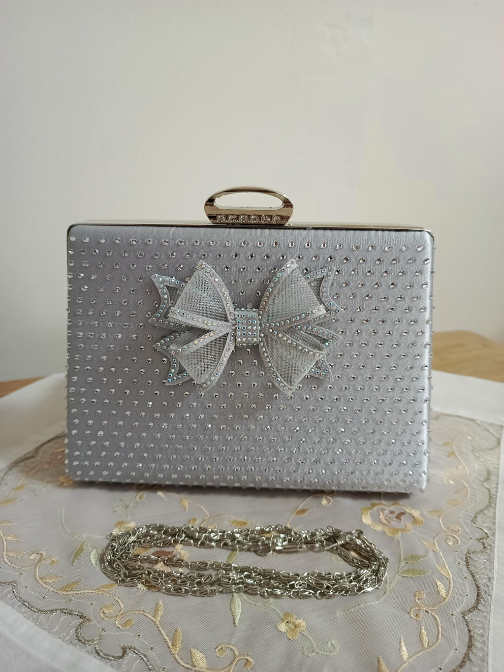Silver Bow Embellished Evening Clutch