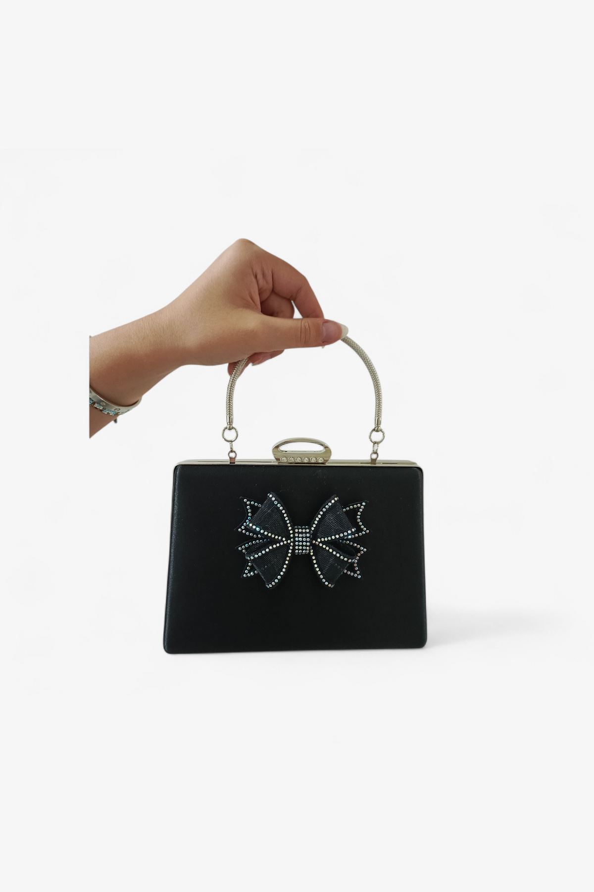Black Bow & Crystal Embellished Evening Clutch