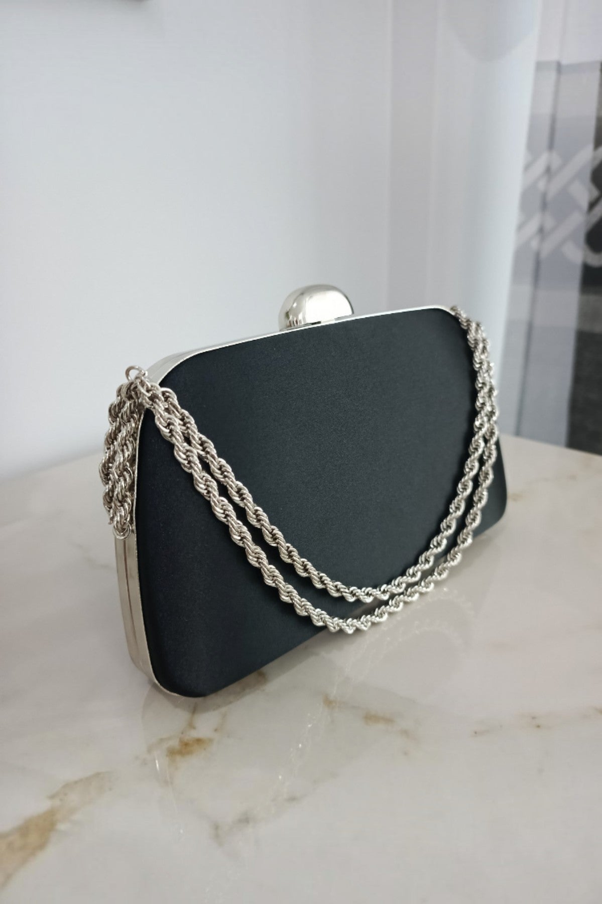 Black Satin Evening Bag with Chain Strap
