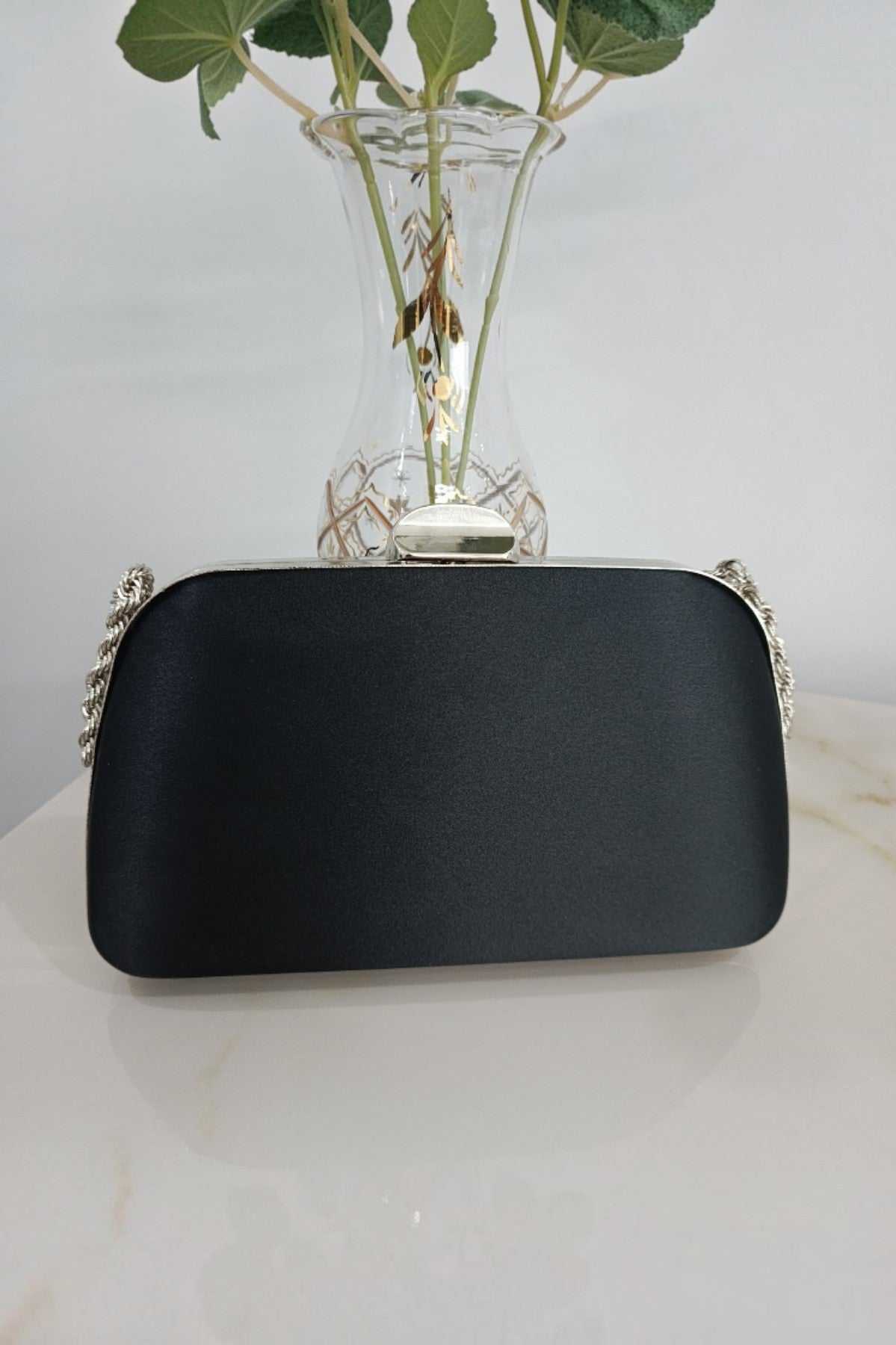 Black Satin Evening Bag with Chain Strap