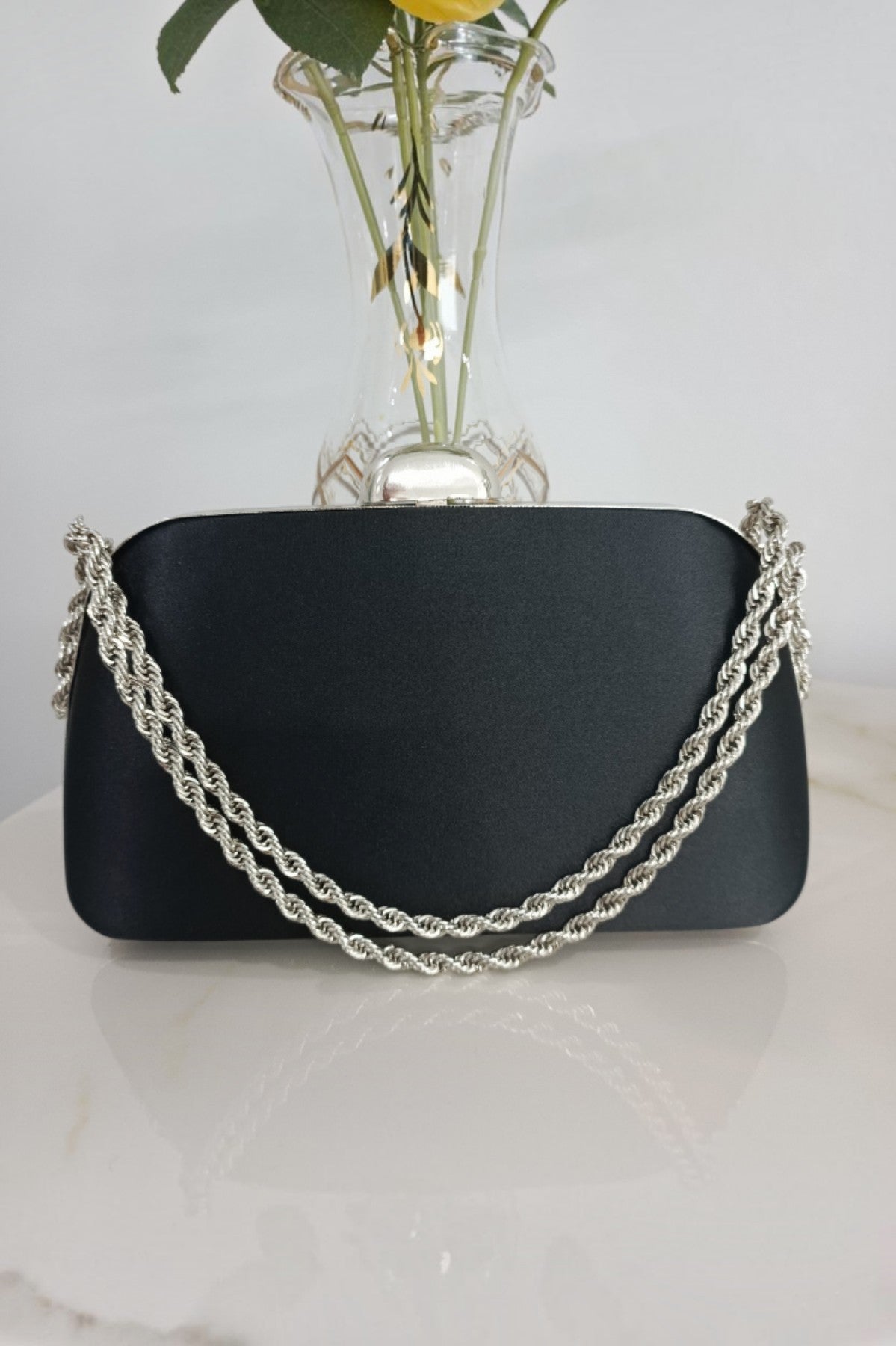Black Satin Evening Bag with Chain Strap