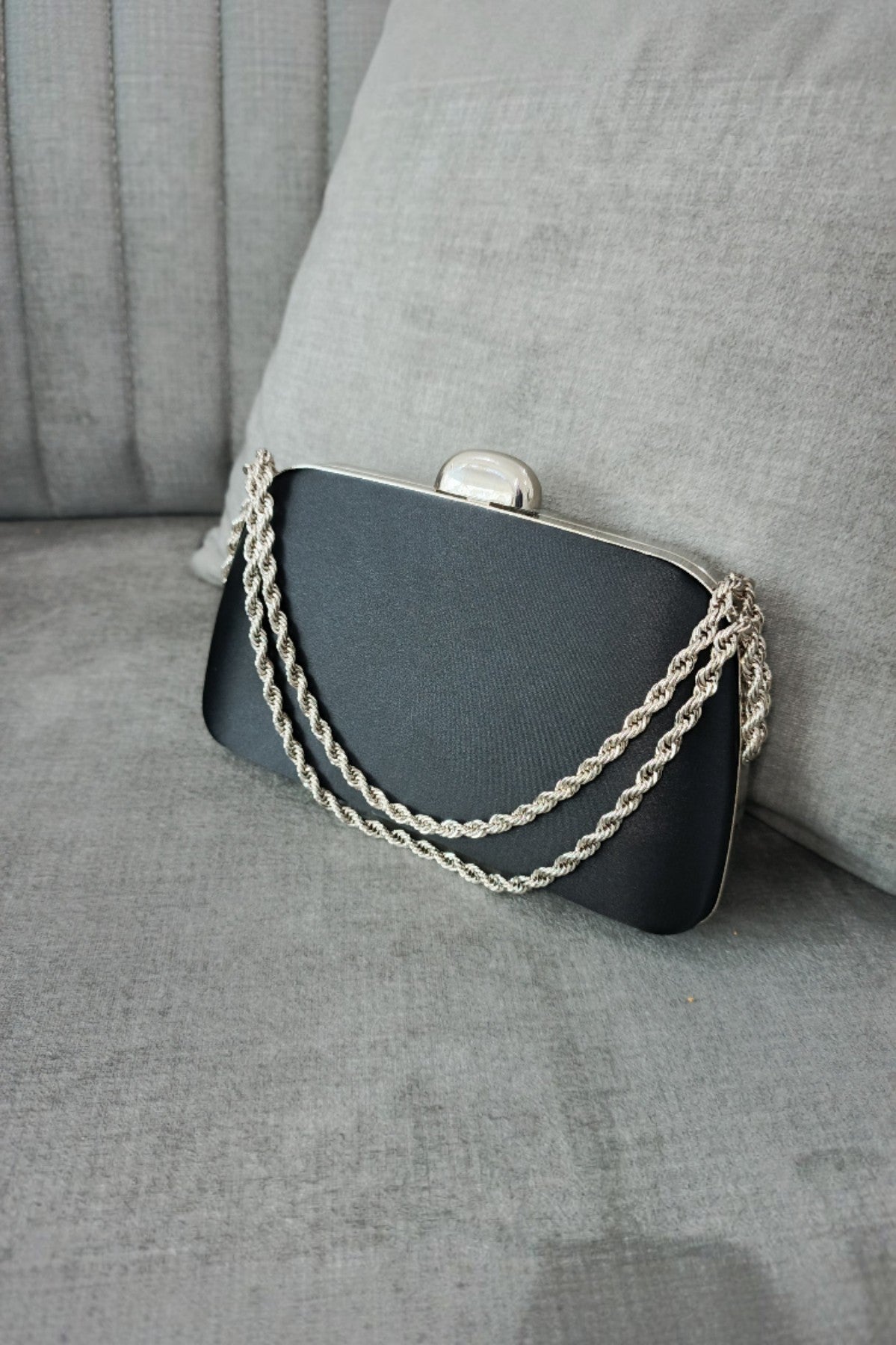 Black Satin Evening Bag with Chain Strap