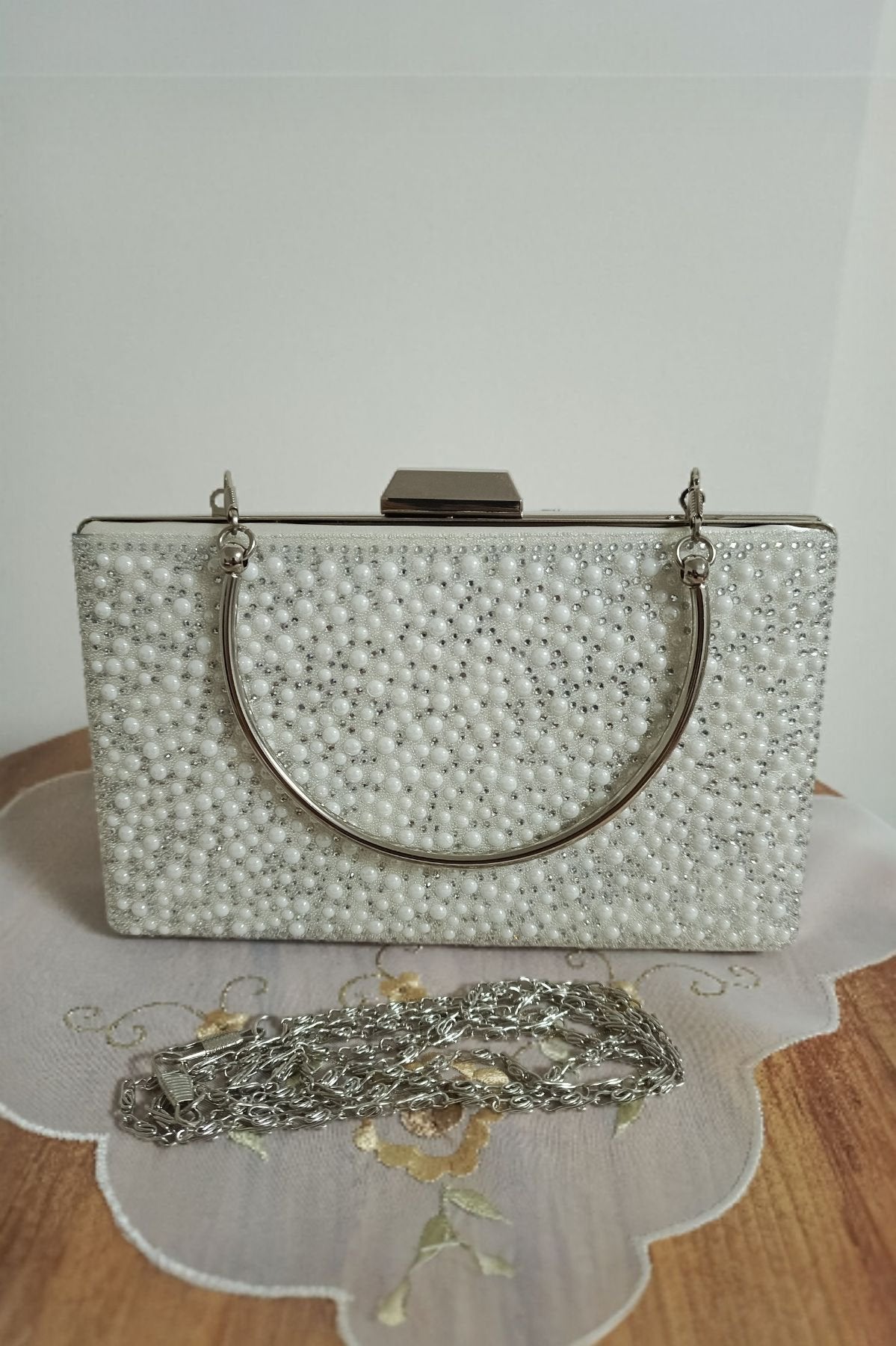 Mother of Pearl & Crystal Embellished Evening Clutch
