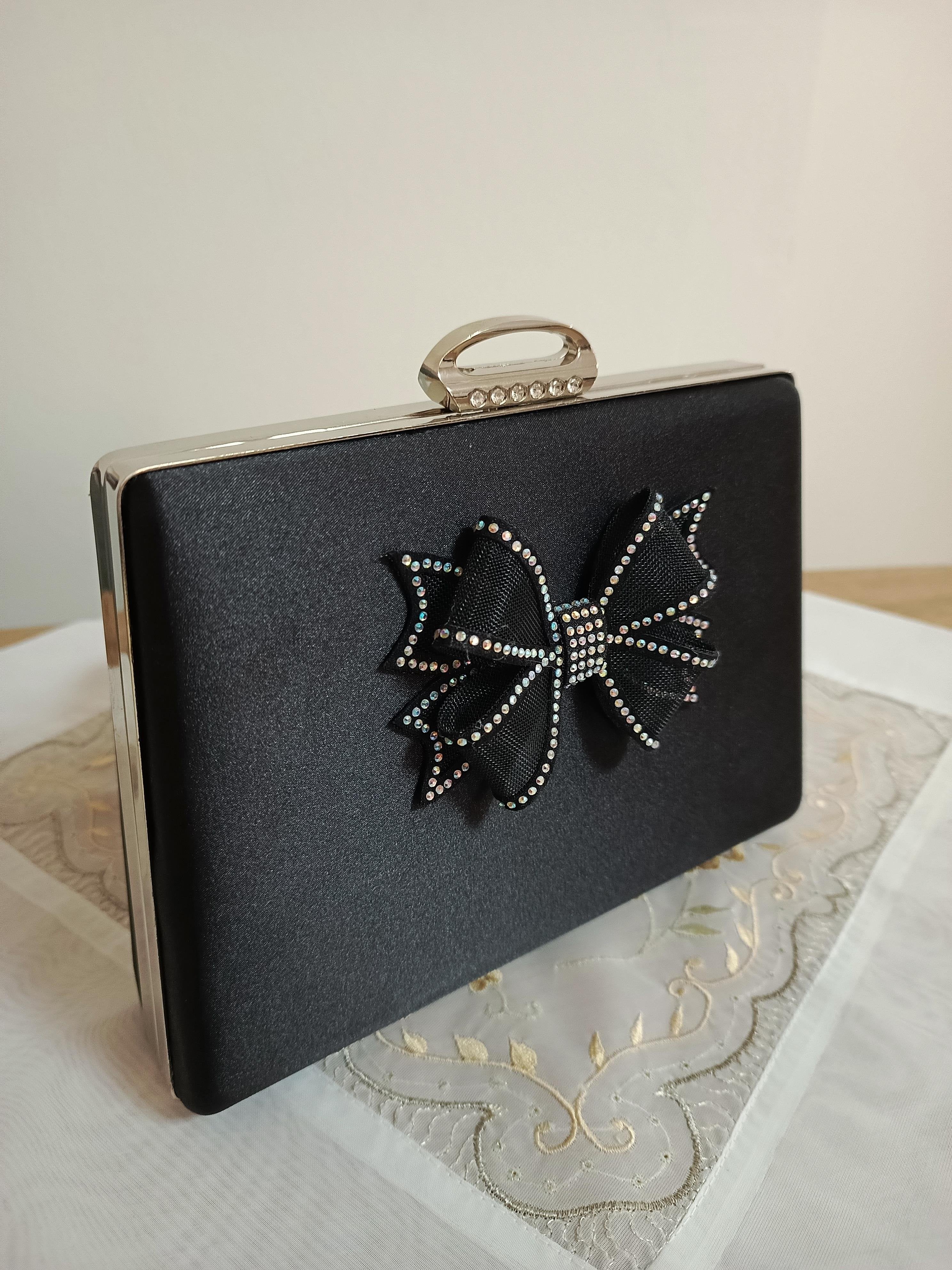 Black Bow & Crystal Embellished Evening Clutch