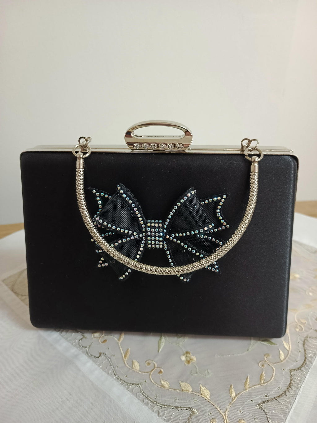 Black Bow & Crystal Embellished Evening Clutch