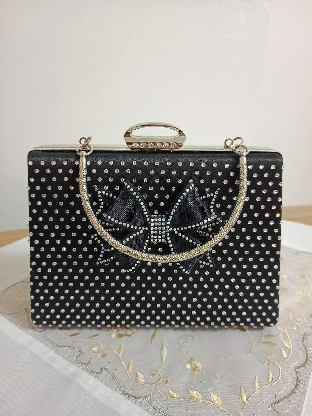 Black Bow & Rhinestone Evening Clutch with Chain Strap