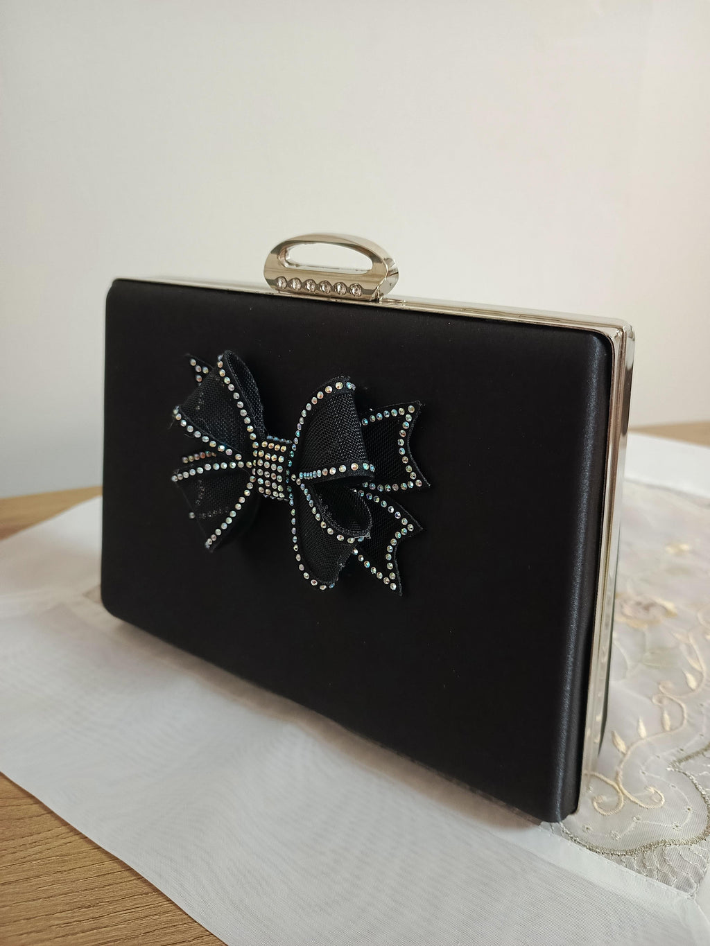 Black Bow & Crystal Embellished Evening Clutch