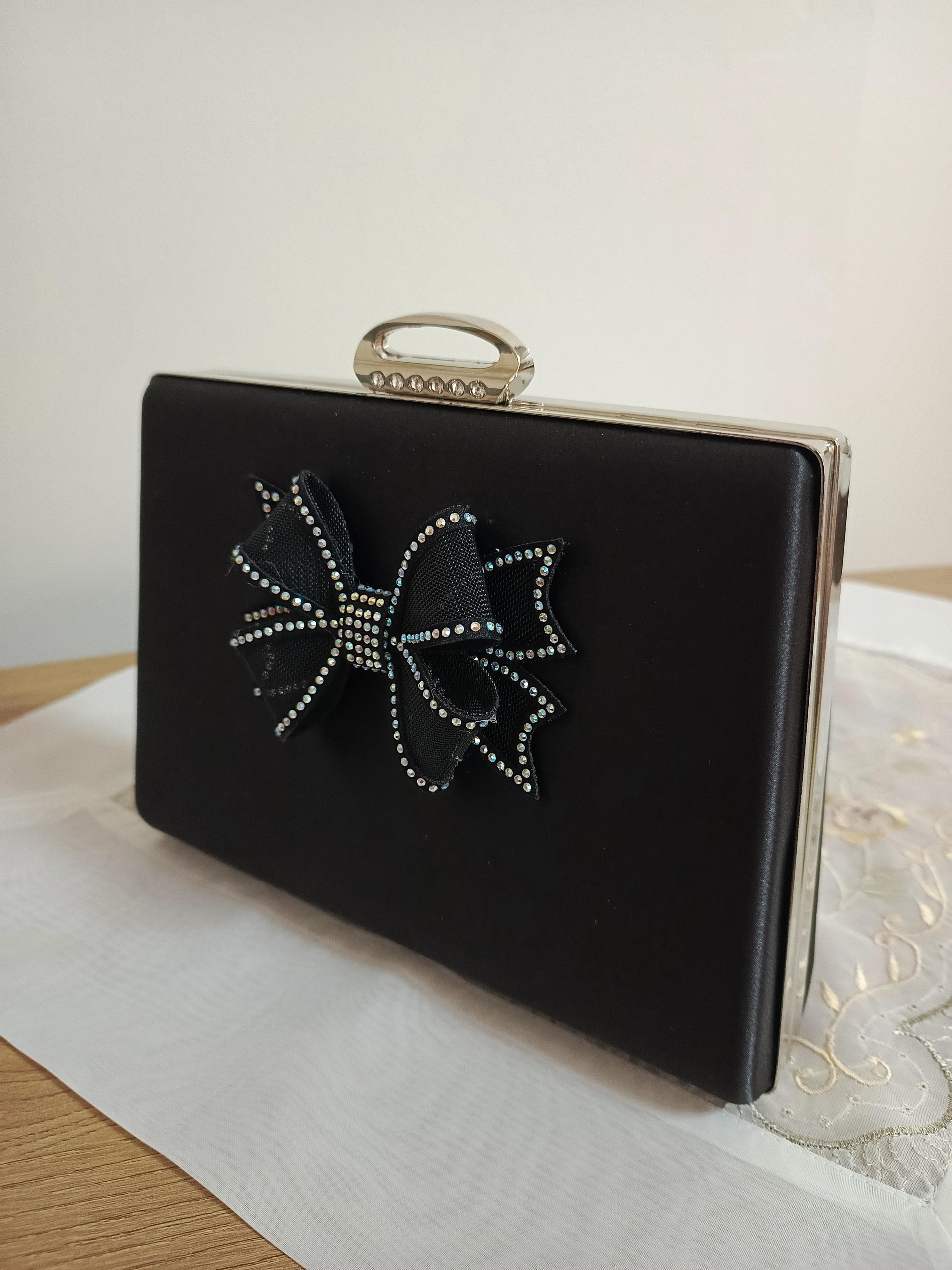 Black Bow & Crystal Embellished Evening Clutch